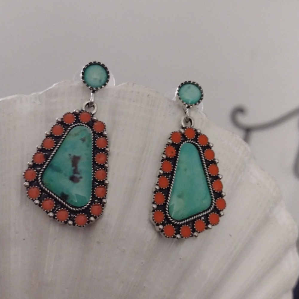 Turquoise and Coral Faux Stone Gorgeous Drop Earrings - Picture 4 of 8